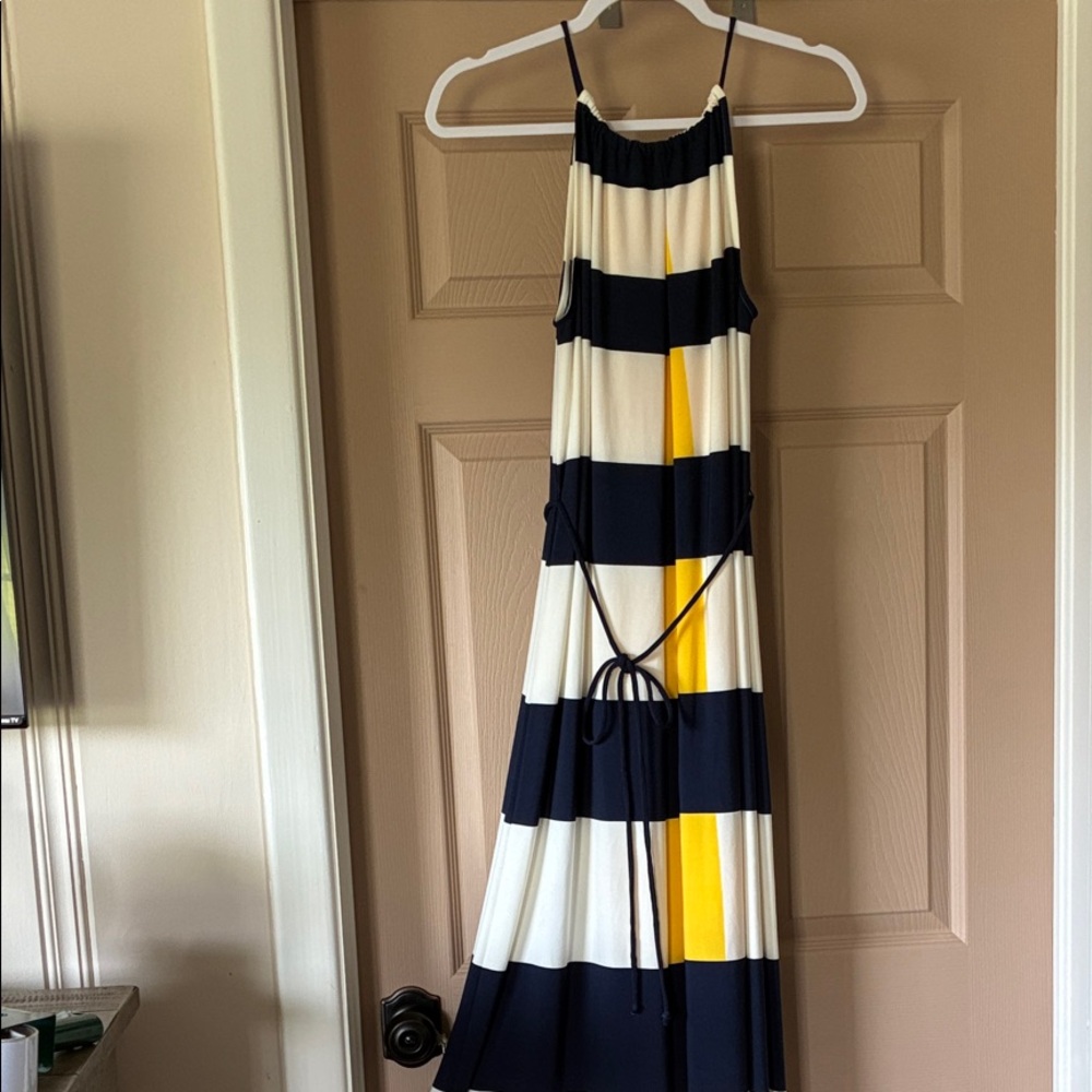 Maggy London Navy, White & Yellow Halter Stripe Maxi Dress